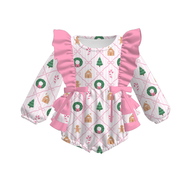 Green Stripe Santa Print Baby Ruffle Bow Christmas Bubble Romper