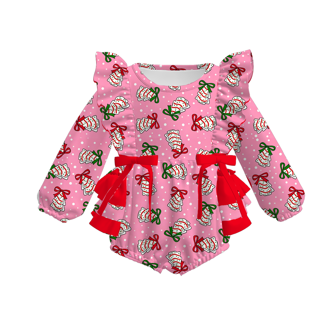 Green Stripe Santa Print Baby Ruffle Bow Christmas Bubble Romper