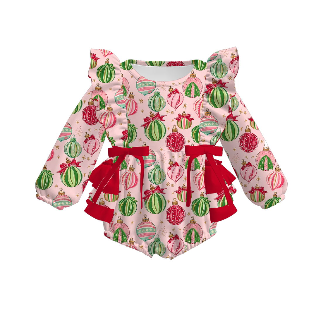 Green Stripe Santa Print Baby Ruffle Bow Christmas Bubble Romper