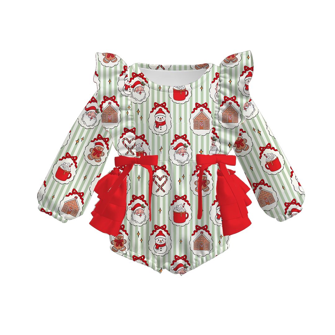 Green Stripe Santa Print Baby Ruffle Bow Christmas Bubble Romper
