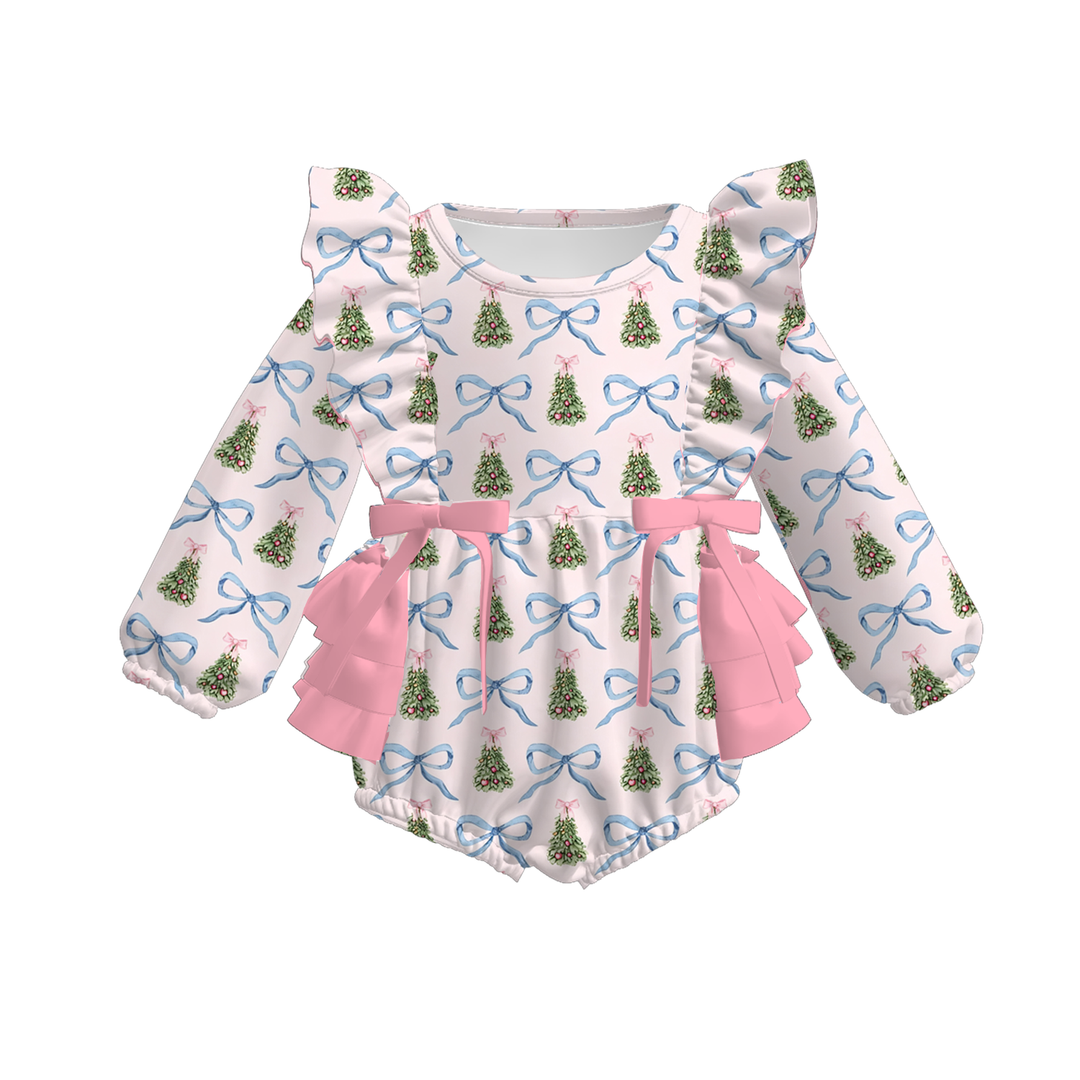 Green Stripe Santa Print Baby Ruffle Bow Christmas Bubble Romper
