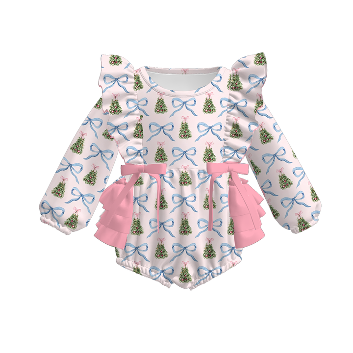 Green Stripe Santa Print Baby Ruffle Bow Christmas Bubble Romper