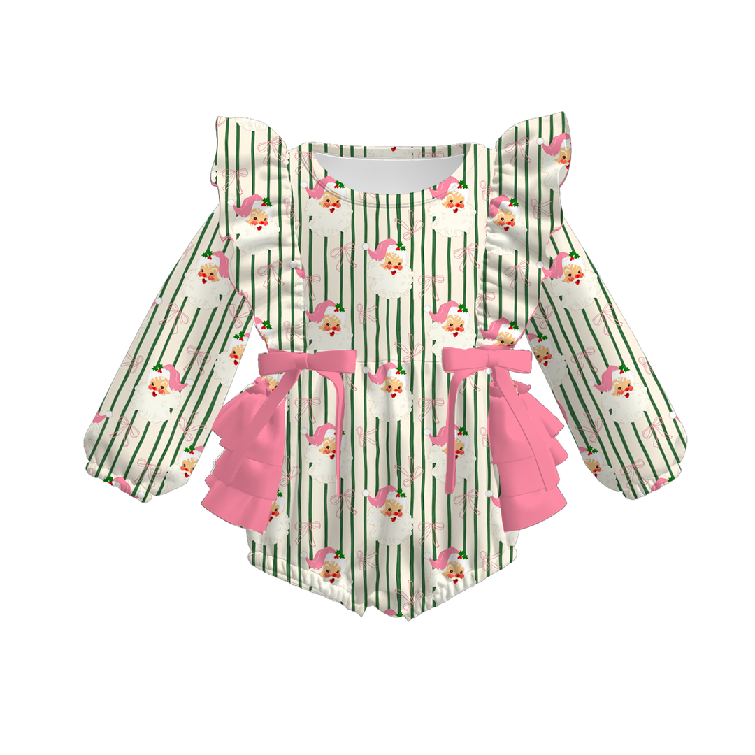 Green Stripe Santa Print Baby Ruffle Bow Christmas Bubble Romper