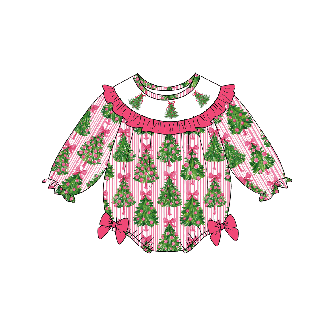 Personalized Christmas Tree Pink Ruffle Embroidered Dress