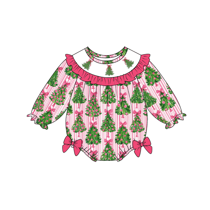 Personalized Christmas Tree Pink Ruffle Embroidered Dress