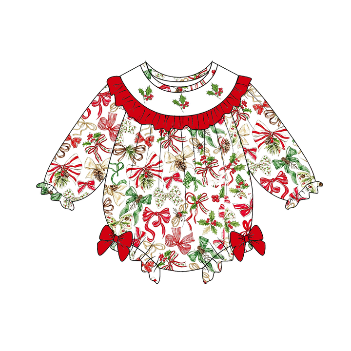 Girls' Christmas Bow Print Holly Embroideried Ruffle Dress