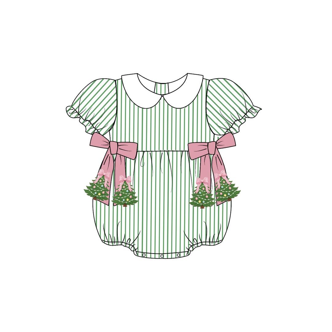 Green Stripe Christmas Tree Embroidery Sibling Matching Outfits Collection