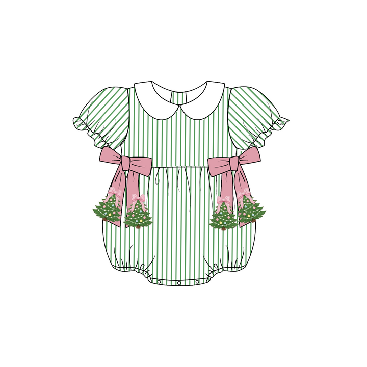 Green Stripe Christmas Tree Embroidery Sibling Matching Outfits Collection