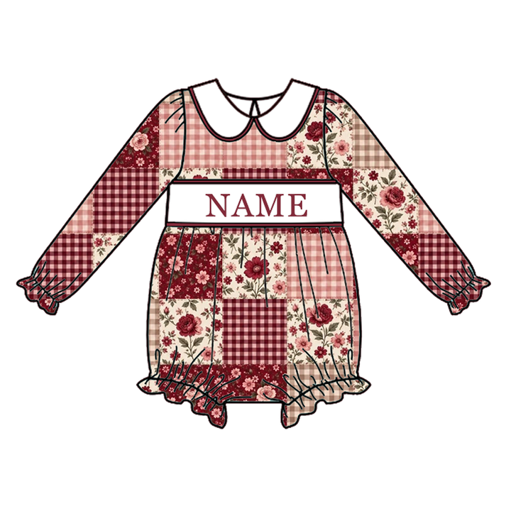 Personalized Embroidery Name Girls Burgundy Patchwork Romper Dress