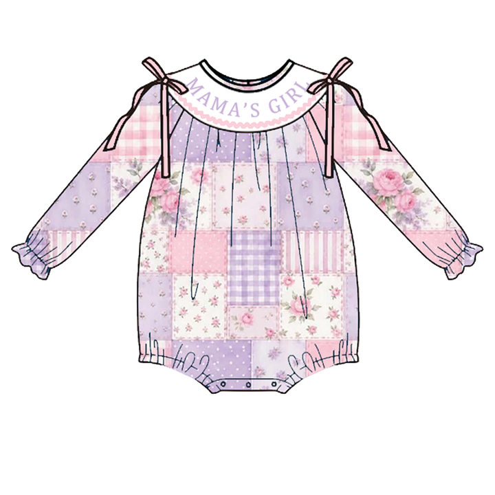 Personalized Baby Girls Floral Patchwork Long Sleeve Dress Bubble Romper