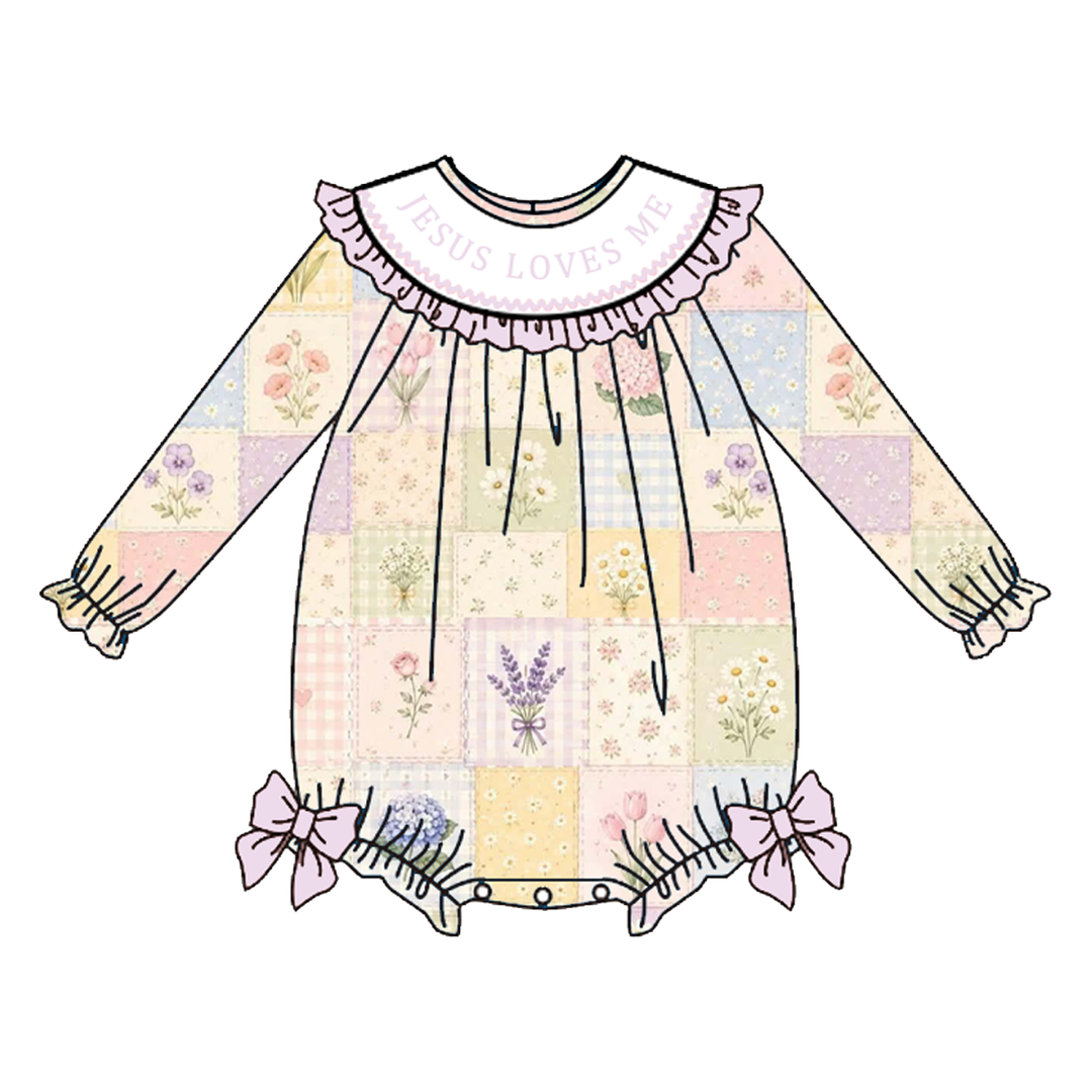 Personalized Name Baby Girls Pastel Patchwork Floral Sibling Outfits