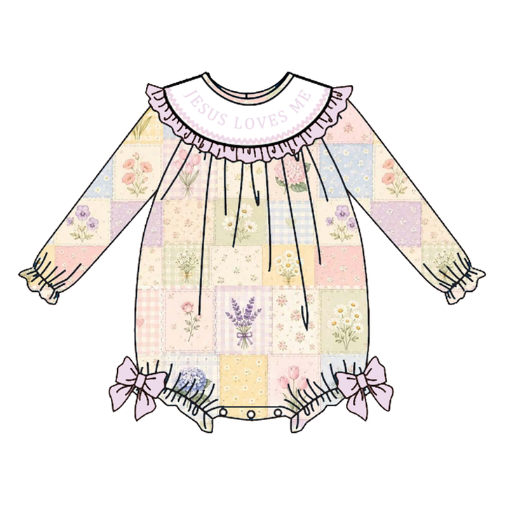 Personalized Name Baby Girls Pastel Patchwork Floral Sibling Outfits