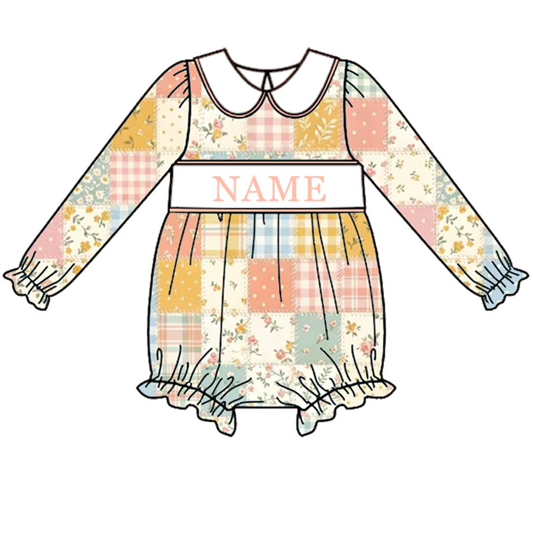 Personalized Name Baby Girls Patchwork Long Sleeve Bubble Romper Dress Collection