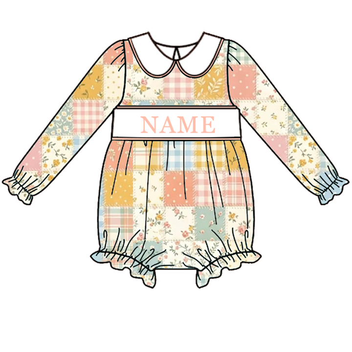 Personalized Name Baby Girls Patchwork Long Sleeve Bubble Romper Dress Collection