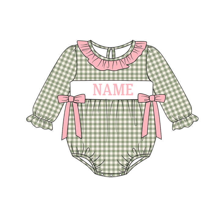 Personalized Custom Name Sage Green Gingham Plaid Sibling Matching Outfits