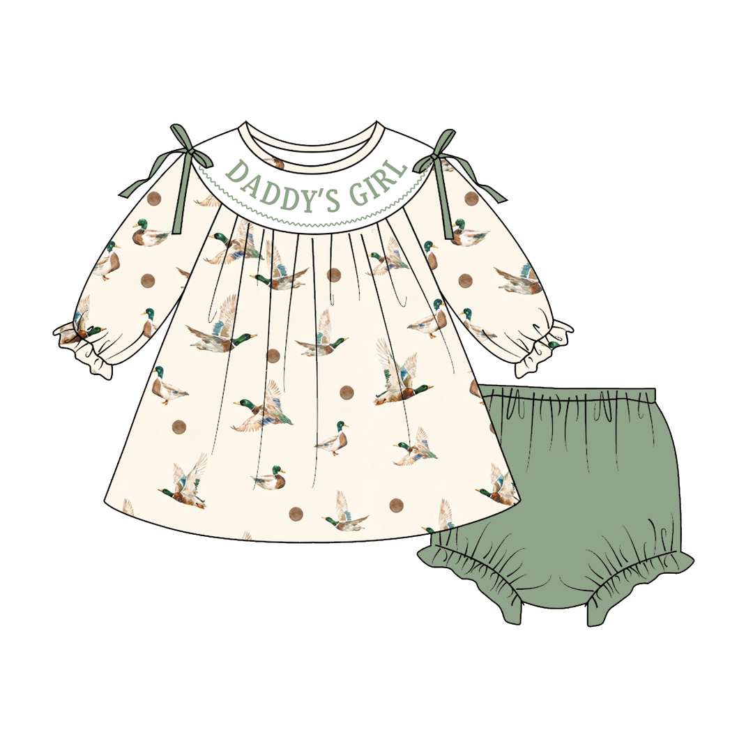 Personalized Custom Name Mallard Duck Print Dress Smocked Outfits Collection