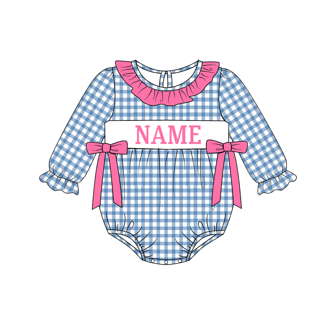 Personalized Custom Name Blue Gingham Plaid Sibling Matching Outfits