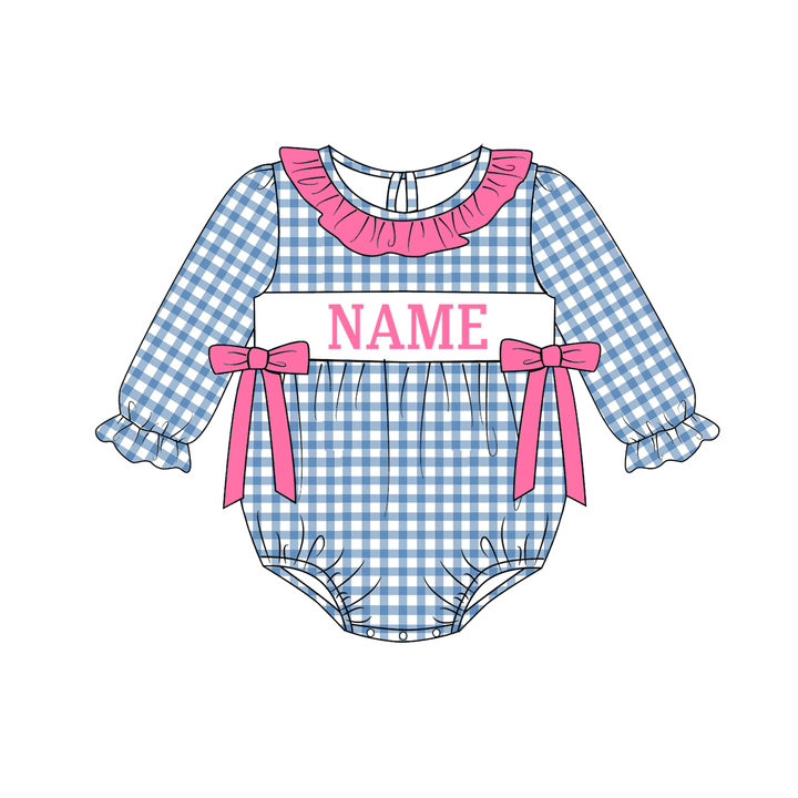 Personalized Custom Name Blue Gingham Plaid Sibling Matching Outfits