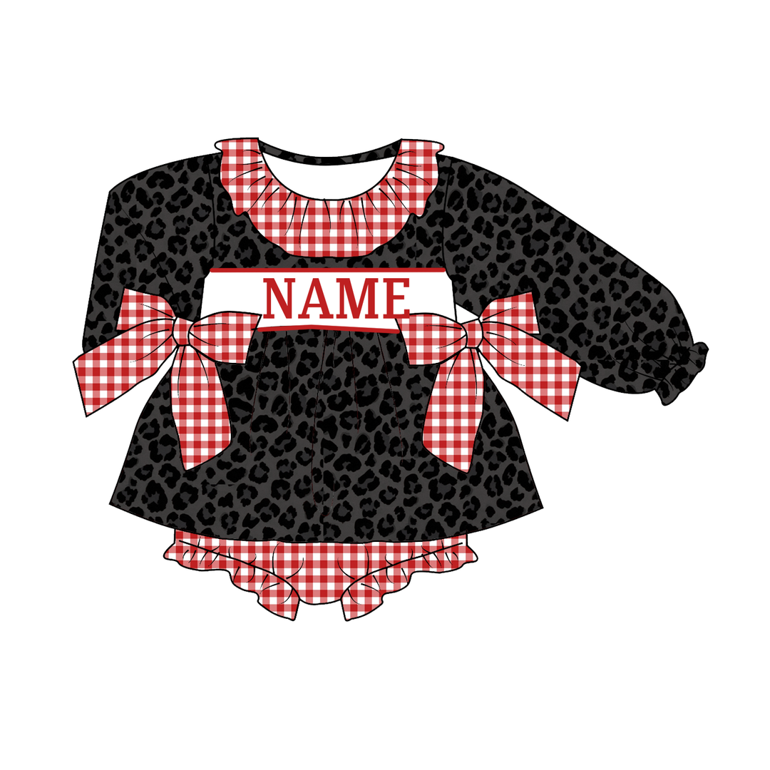 Personalized Black Leopard Red Gingham Baby Dress &amp; Romper