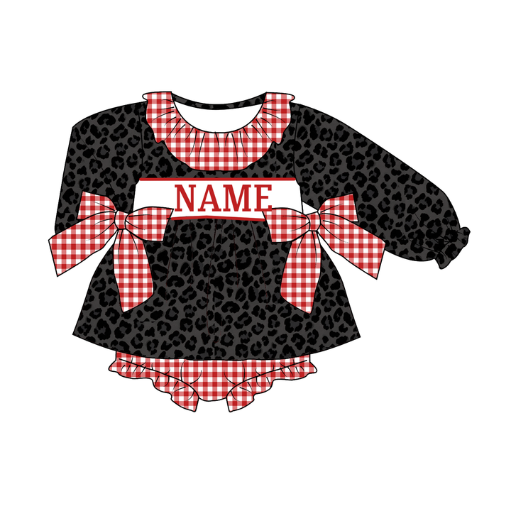Personalized Black Leopard Red Gingham Baby Dress &amp; Romper
