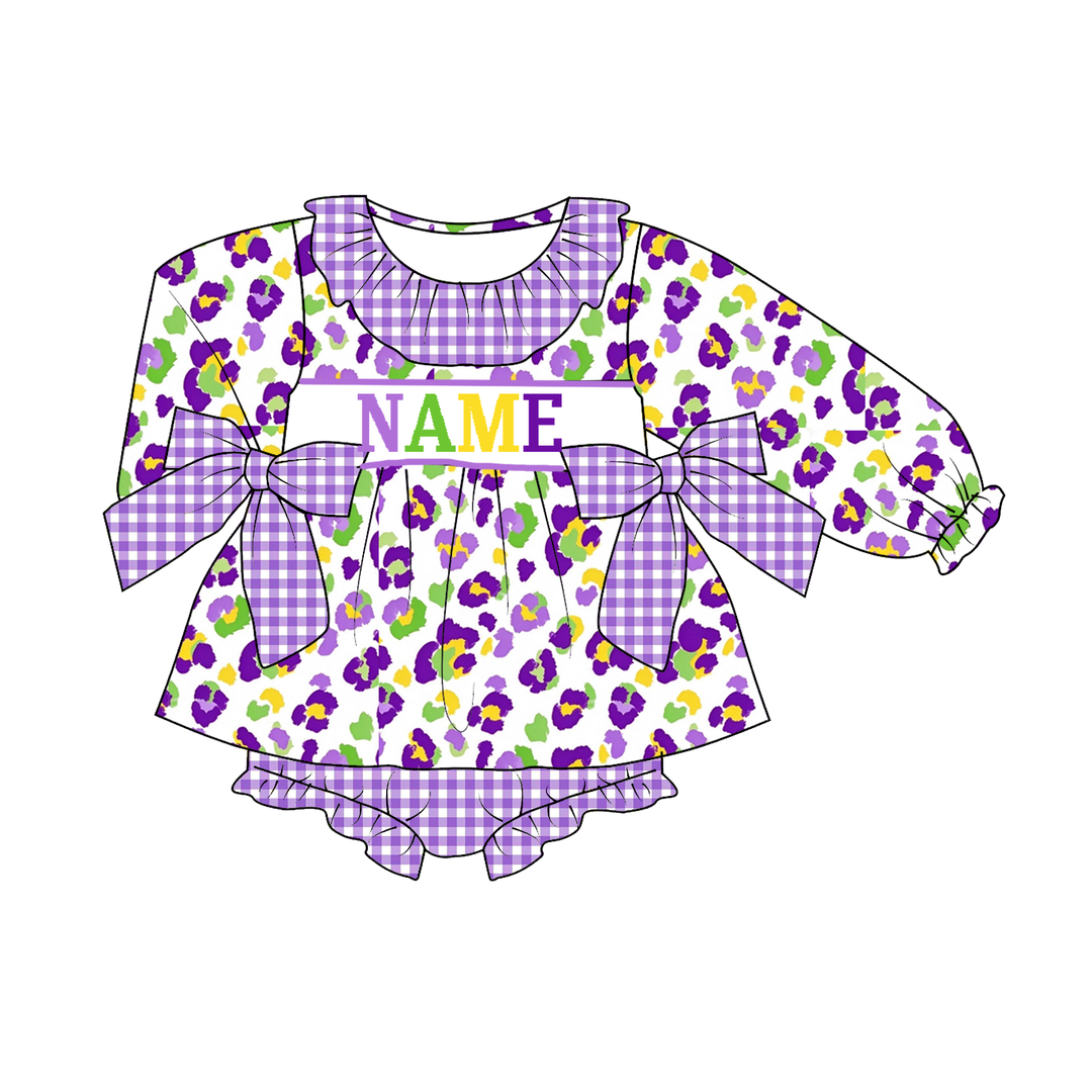 Personalized Baby Girl Mardi Gras Leopard Print Bow Dress &amp; Bloomer Set