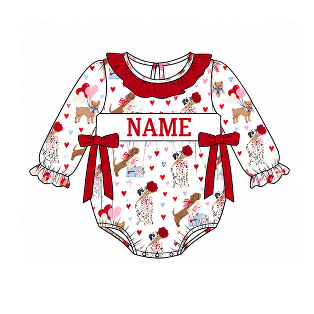 Custom Name Valentine Puppy Bubble Romper Dog Heart Print Ruffle Dress Sibling Outfits