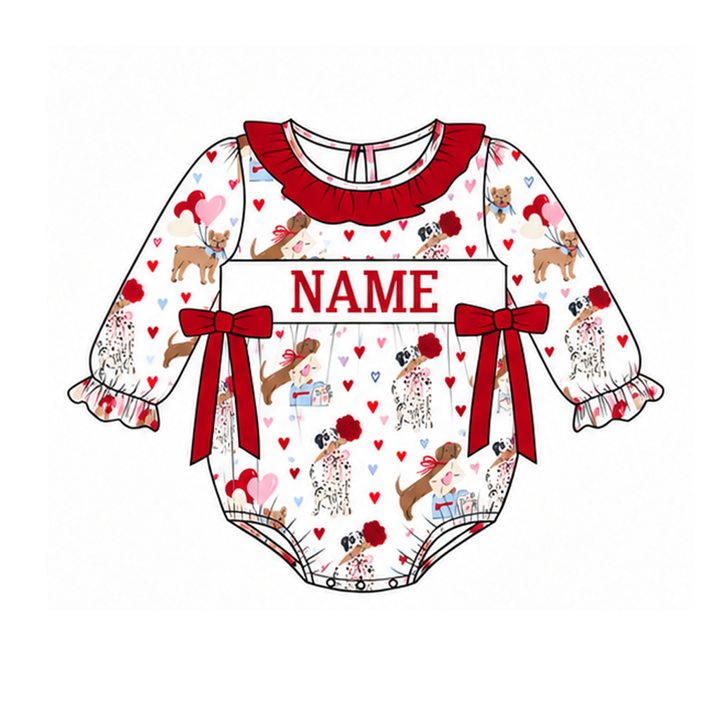 Custom Name Valentine Puppy Bubble Romper Dog Heart Print Ruffle Dress Sibling Outfits