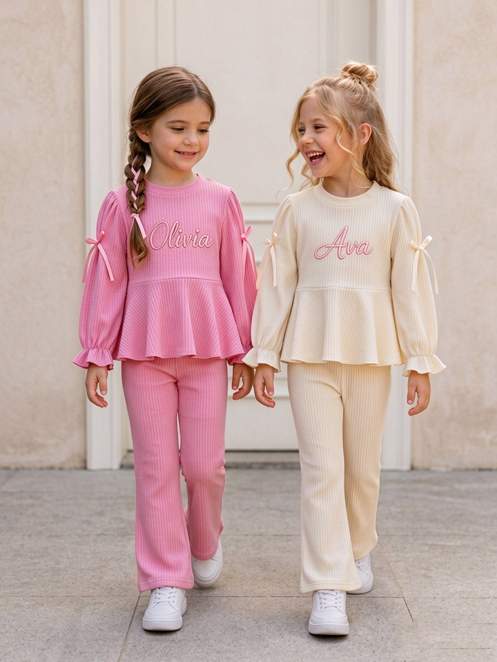Personalized Custom Name Girls Sweet Bow Ruffled Top & Flared Pants Set