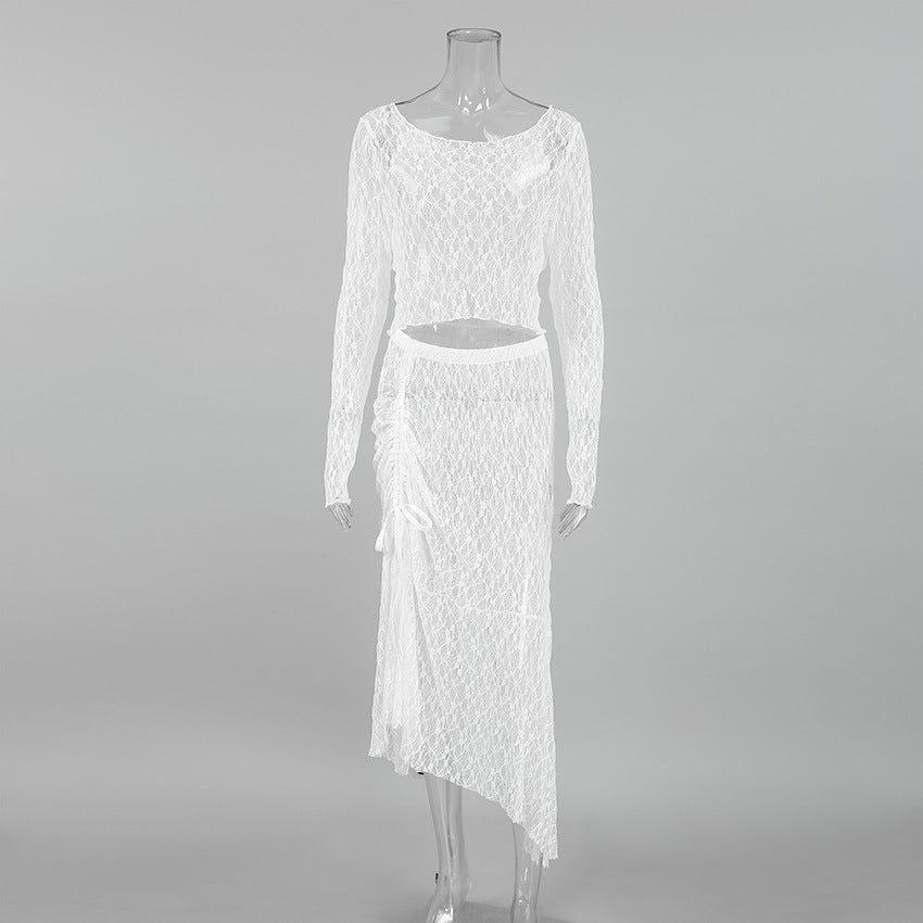 See-through lace top&skirt set