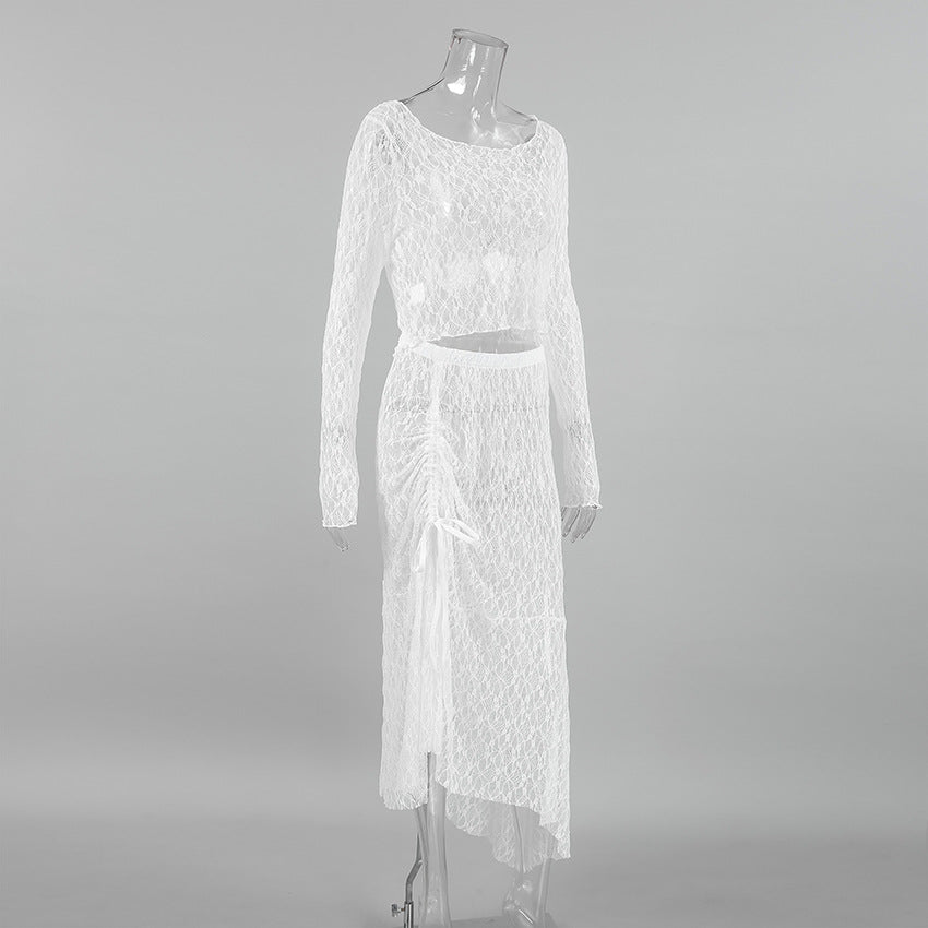 See-through lace top&skirt set