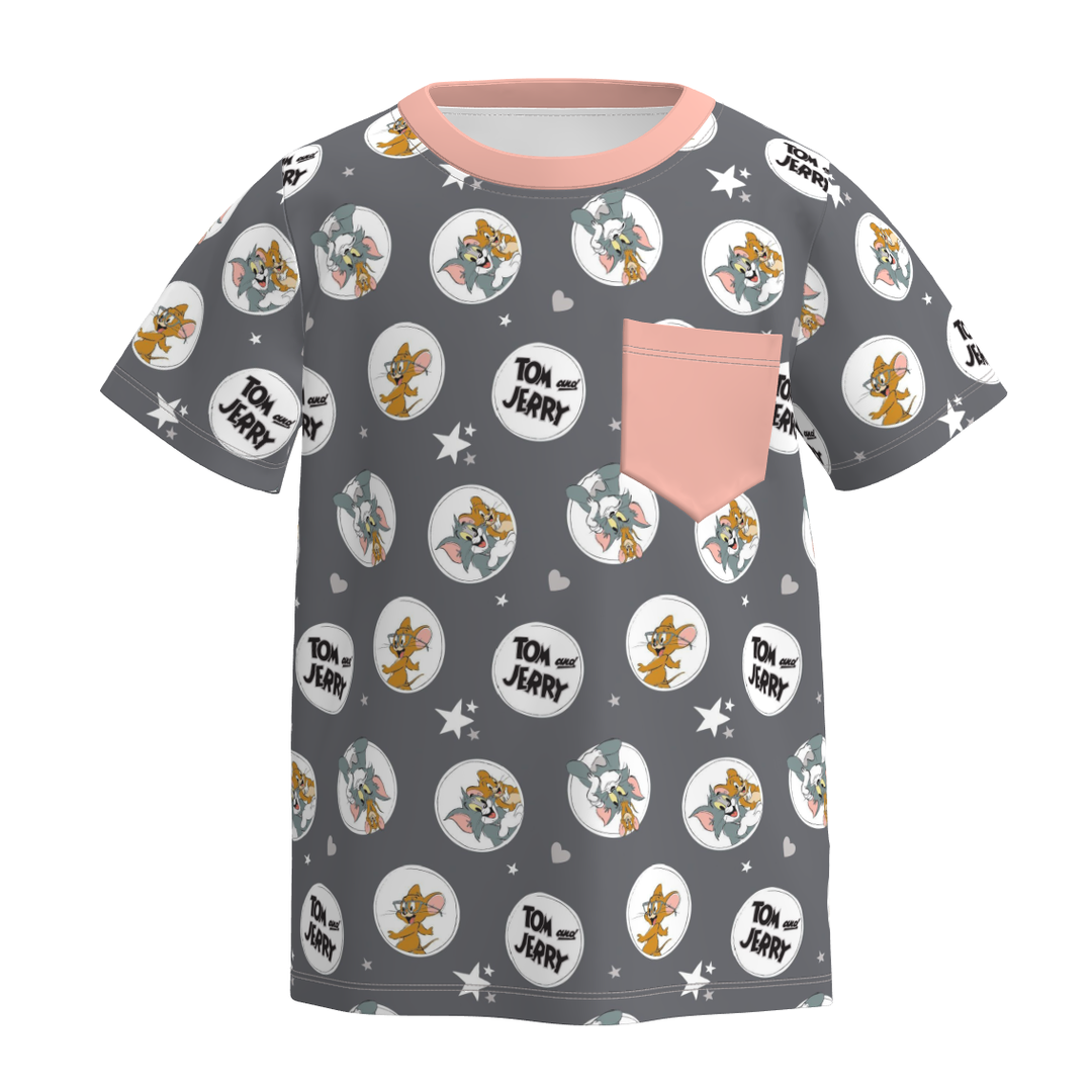Boys' cartoon cute printed short sleeve pocket top t-shirt