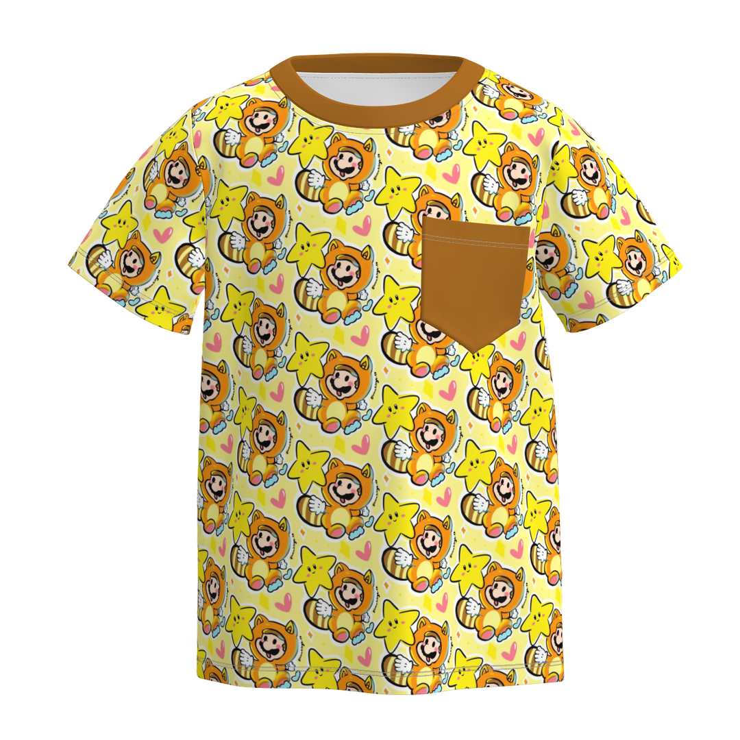 Boys' cartoon cute printed short sleeve pocket top t-shirt