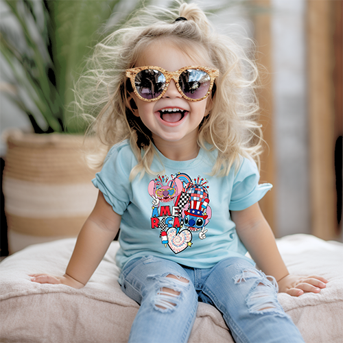 Girls blue patriotic short-sleeved T-shirt-4th of July
