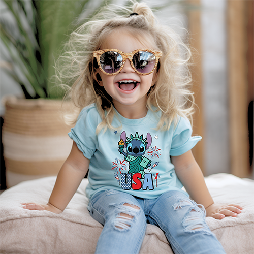 Girls blue patriotic short-sleeved T-shirt-4th of July