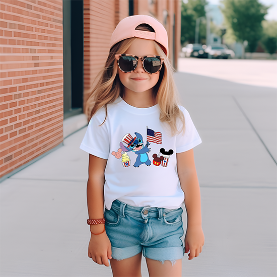 Girls white patriotic short-sleeved T-shirt-4th of July