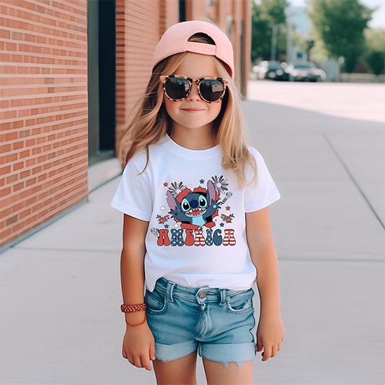Girls white patriotic short-sleeved T-shirt-4th of July