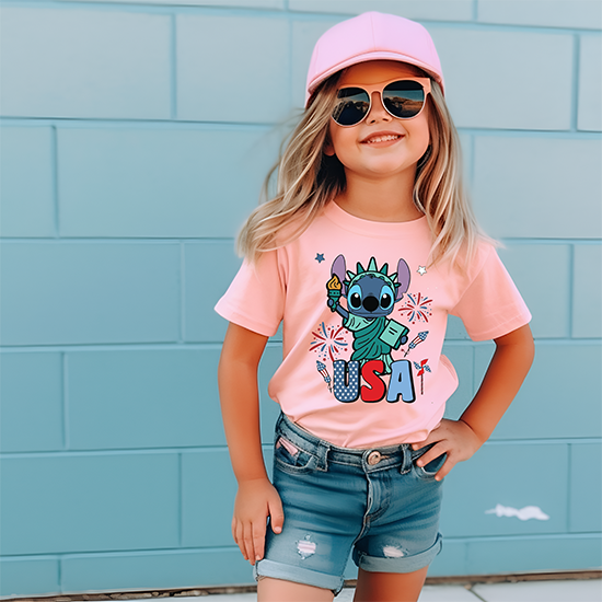 Girls pink patriotic short-sleeved T-shirt-4th of July
