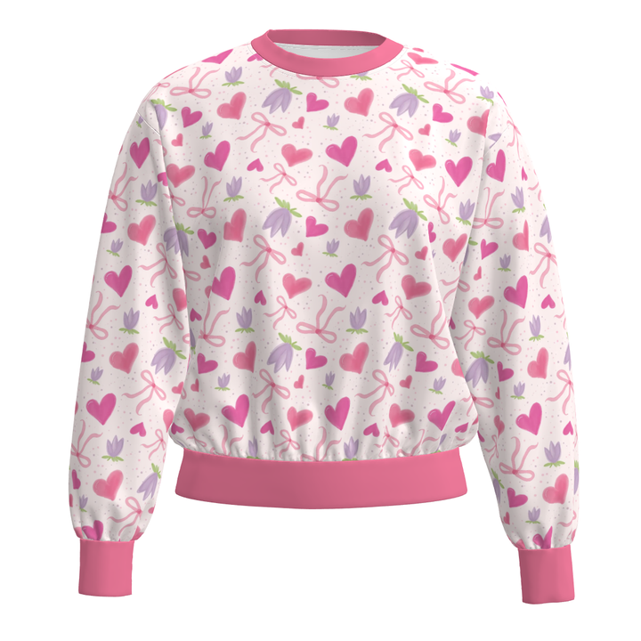 Valentine's pink heart printed pullover sweatshirt for women