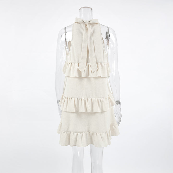 Halter Neck Ruffle Layered Linen Mini Dress