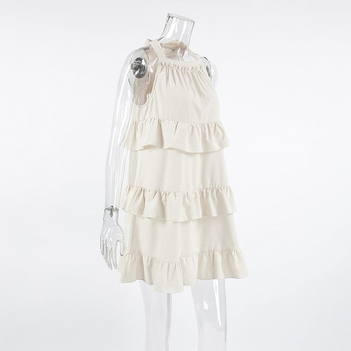 Halter Neck Ruffle Layered Linen Mini Dress