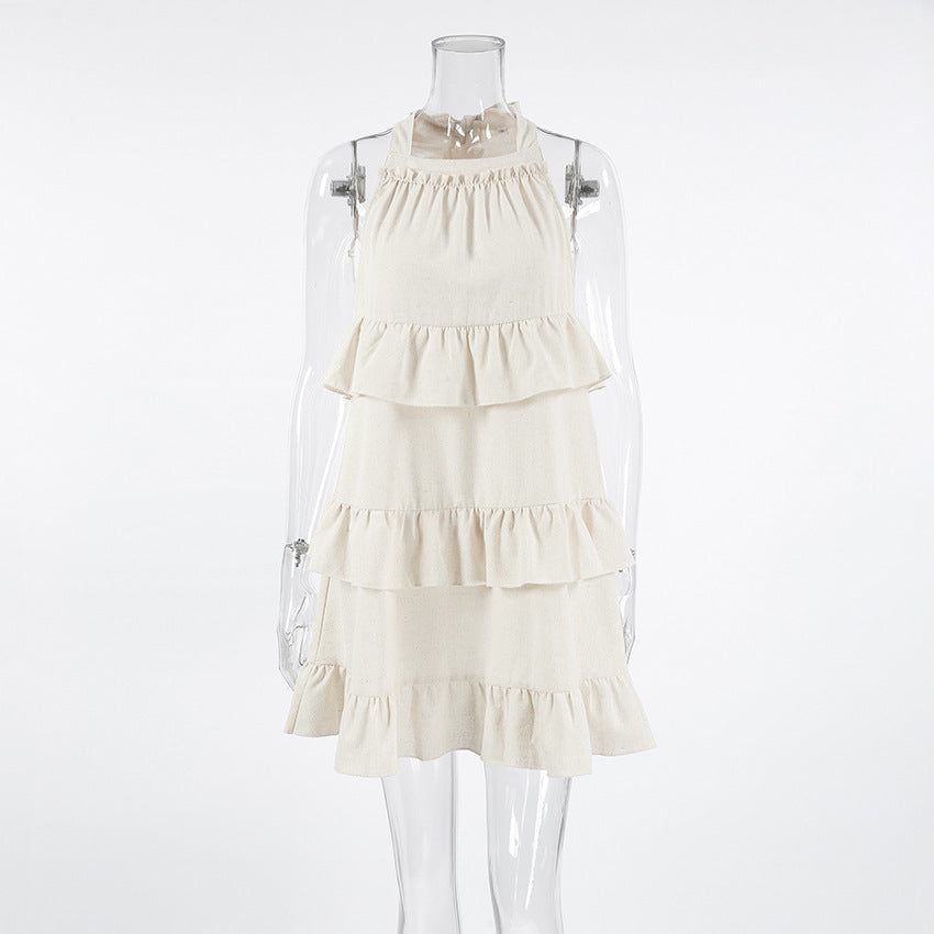 Halter Neck Ruffle Layered Linen Mini Dress