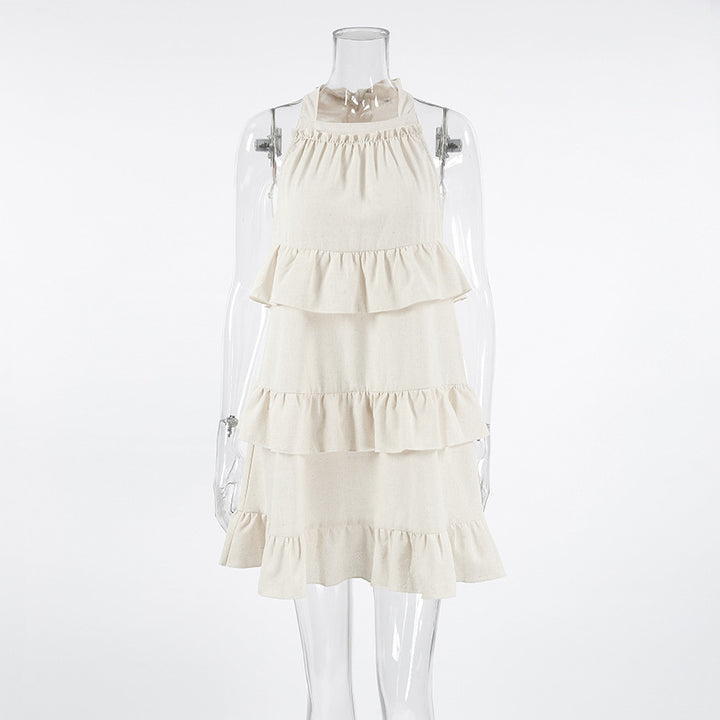 Halter Neck Ruffle Layered Linen Mini Dress