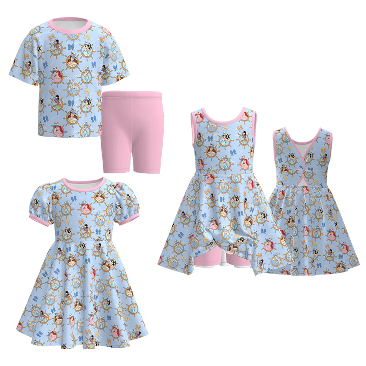 Girls' princess navy themed printed summer dress sibling outfits