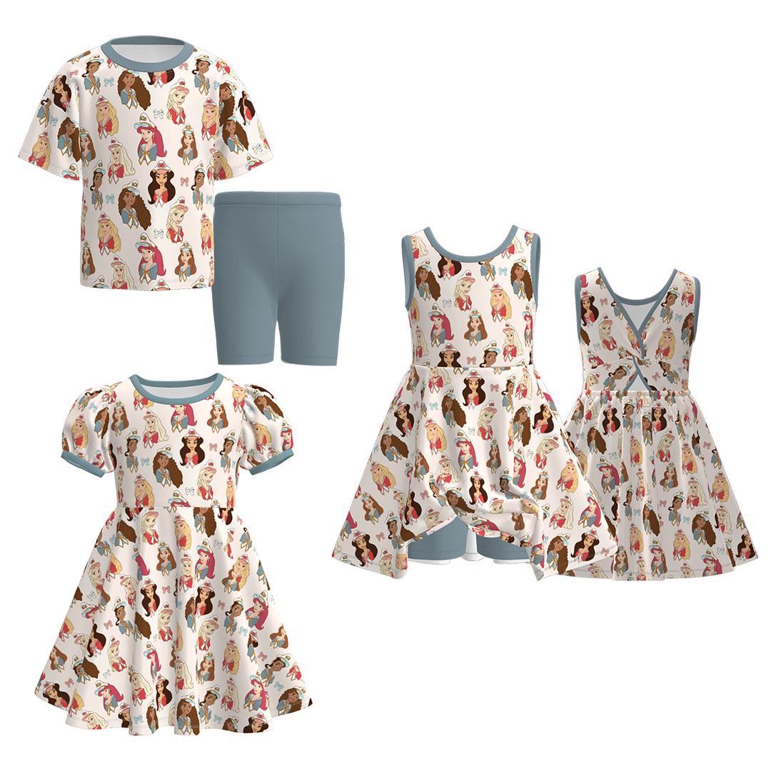 Girls' princess navy themed printed summer dress sibling outfits