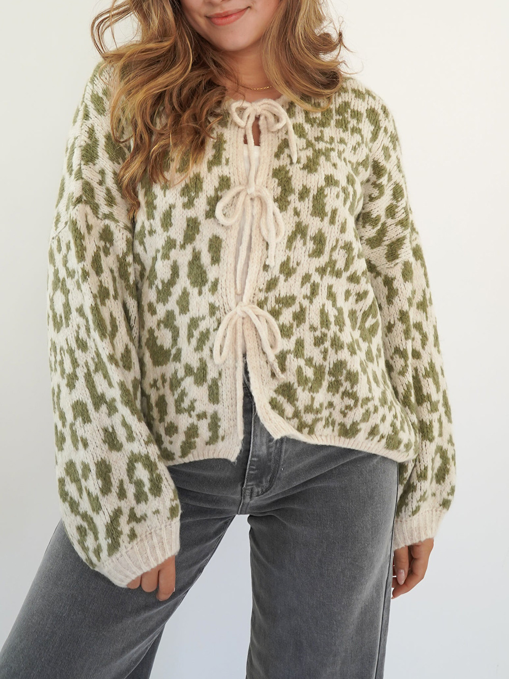 Crew neck tie leopard print knit cardigan sweater coat