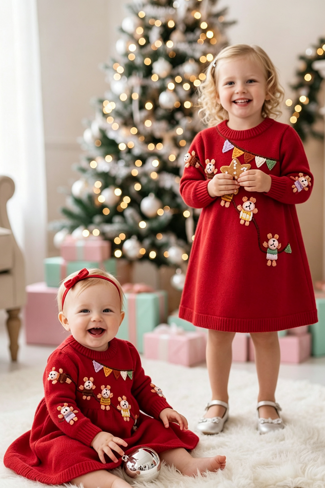 Baby Girls' Cute Bear Embroidered Knit Dress Red Sweater Dress for Christmas