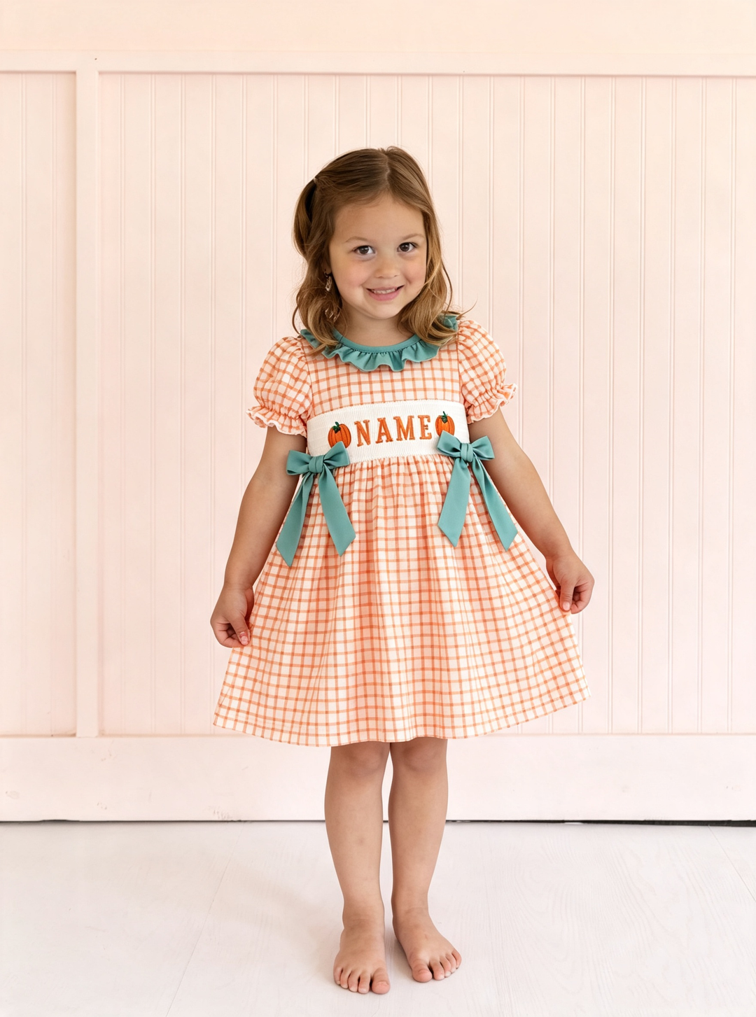Custom Embroidery Name Orange Plaid Pumpkin Sibling Clothing Collection