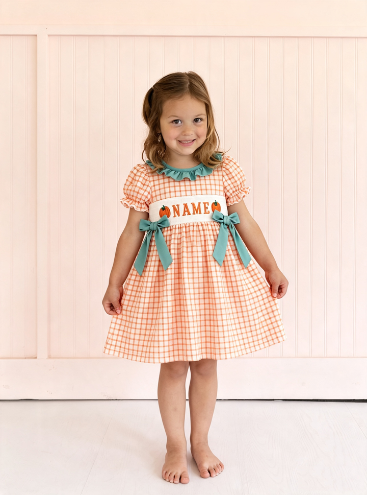 Custom Embroidery Name Orange Plaid Pumpkin Sibling Clothing Collection