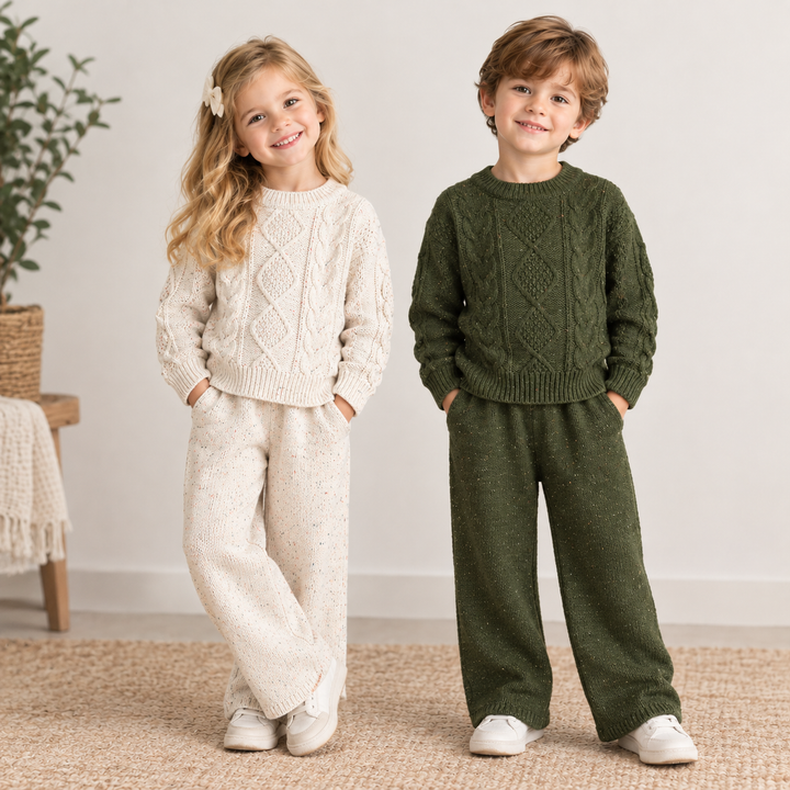 Girls Cable Knit Speckled Pullover Sweater &amp; Matching Knit Pants Outfits