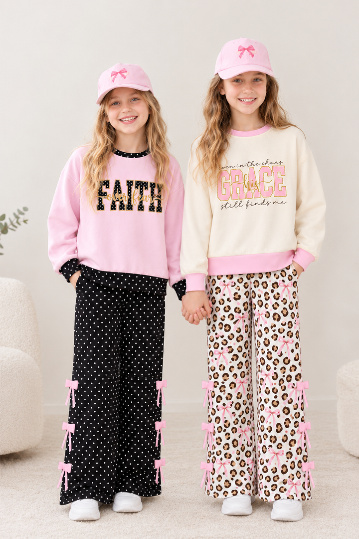 Girls Color-Block Sweatshirt & Wide Leg Bow Pants Set